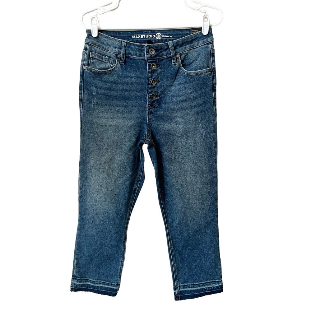 MAX Studio Indigo Womens Skinny Jeans Blue Cropped High Rise Frayed Denim 10 New